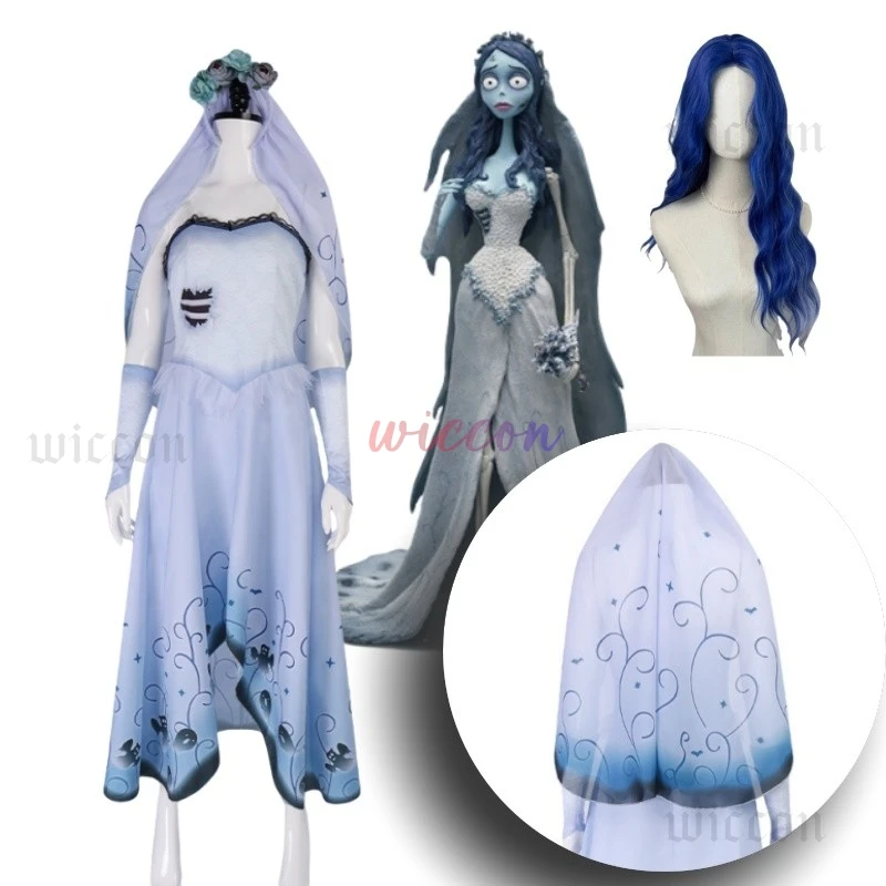 

Women Bride Gothic Wedding Dress Suit Corset Top and Skirt with Wrister Headpiece Wig Halloween Cosplay Costume