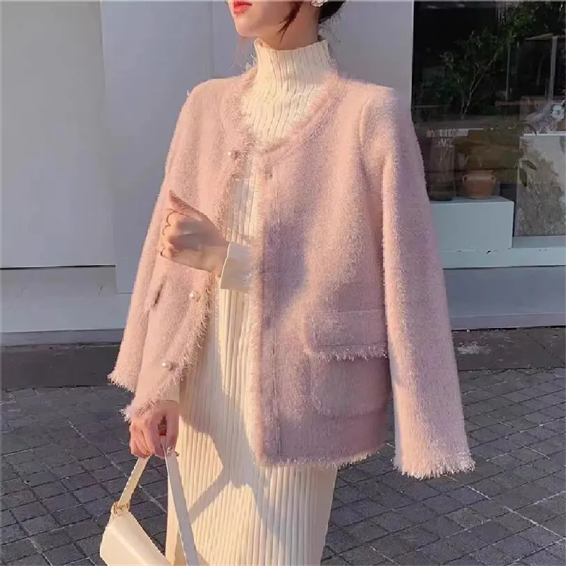 Autumn fashion women\'s wear, pink Korean style coat, imitation mink cashmere knit cardigan retro fringe V-neck