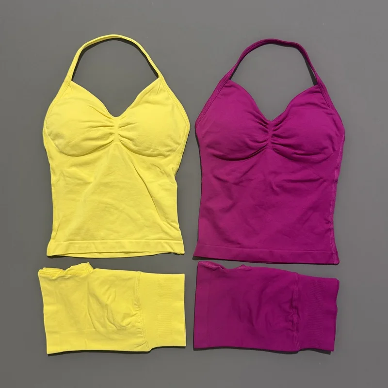 2 قطعة Histello الرياضة مجموعة النساء الخطوط الطويلة Strappy أعلى سلس اليوغا تانك قطب بعقب تجريب السراويل دعوى رياضة مجموعات رياضية