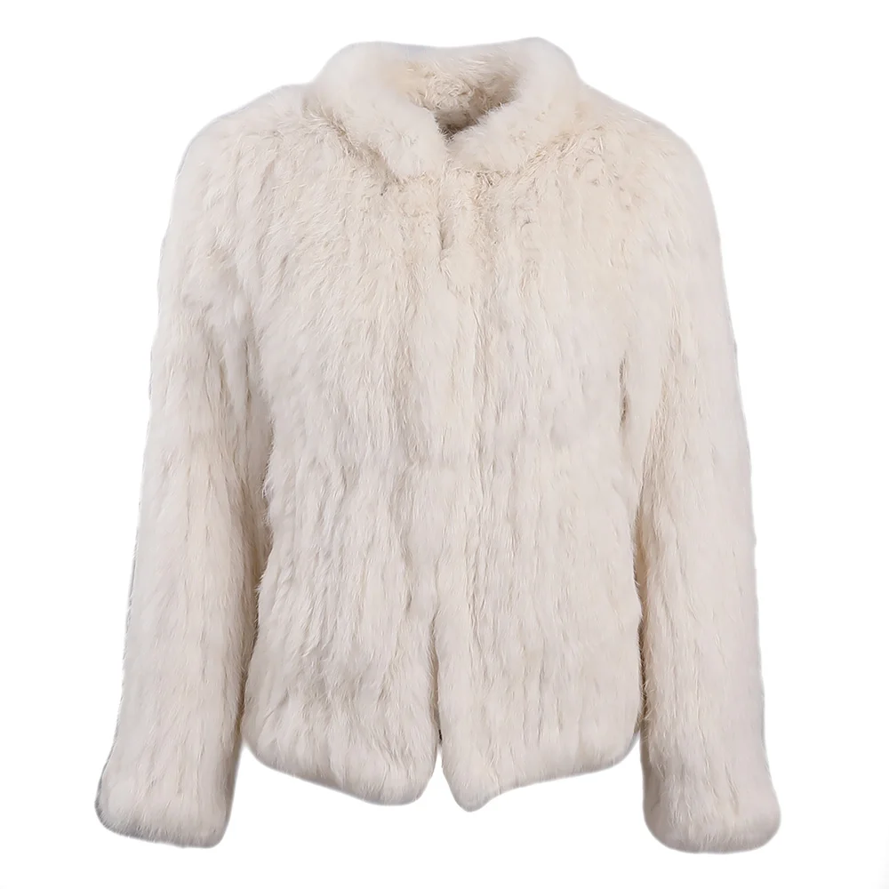 Women\'s Winter Real Rabbit Fur Knitted Jacket Female Classic Long Sleeve Stand Collar Genuine Fur Coat Lady Warm Outwear Fluffy