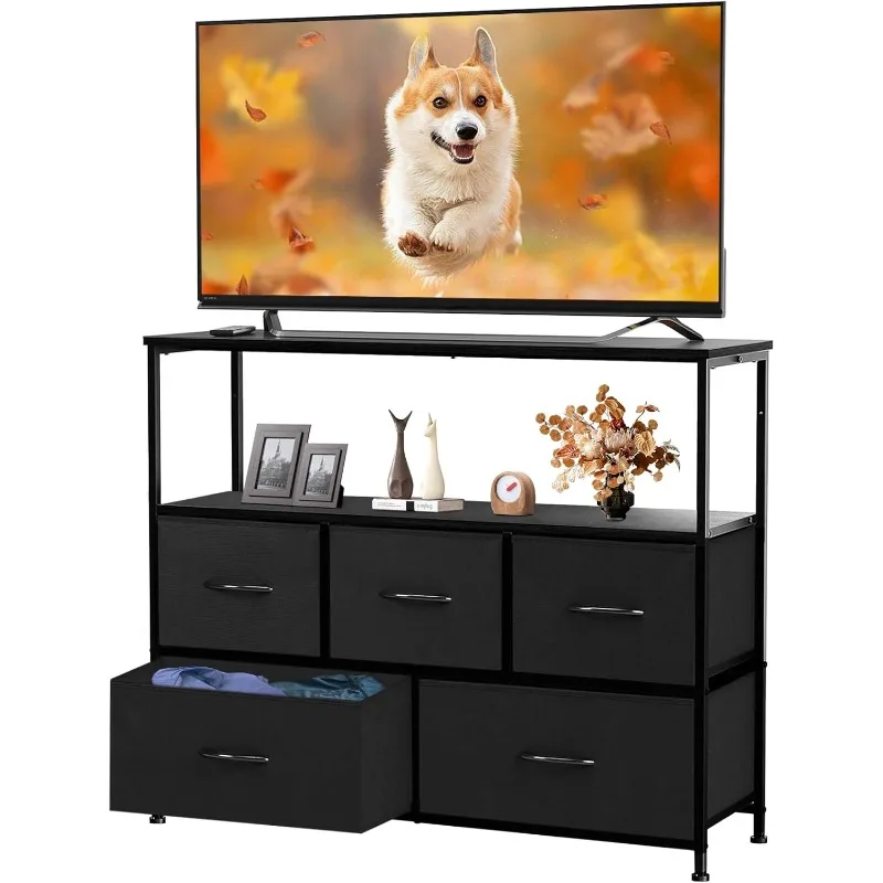 Fabric Drawer Dresser TV Stand for Bedroom, Entertainment Center for 45 Inch TV with Storage Drawer Unit, Open Shelf,