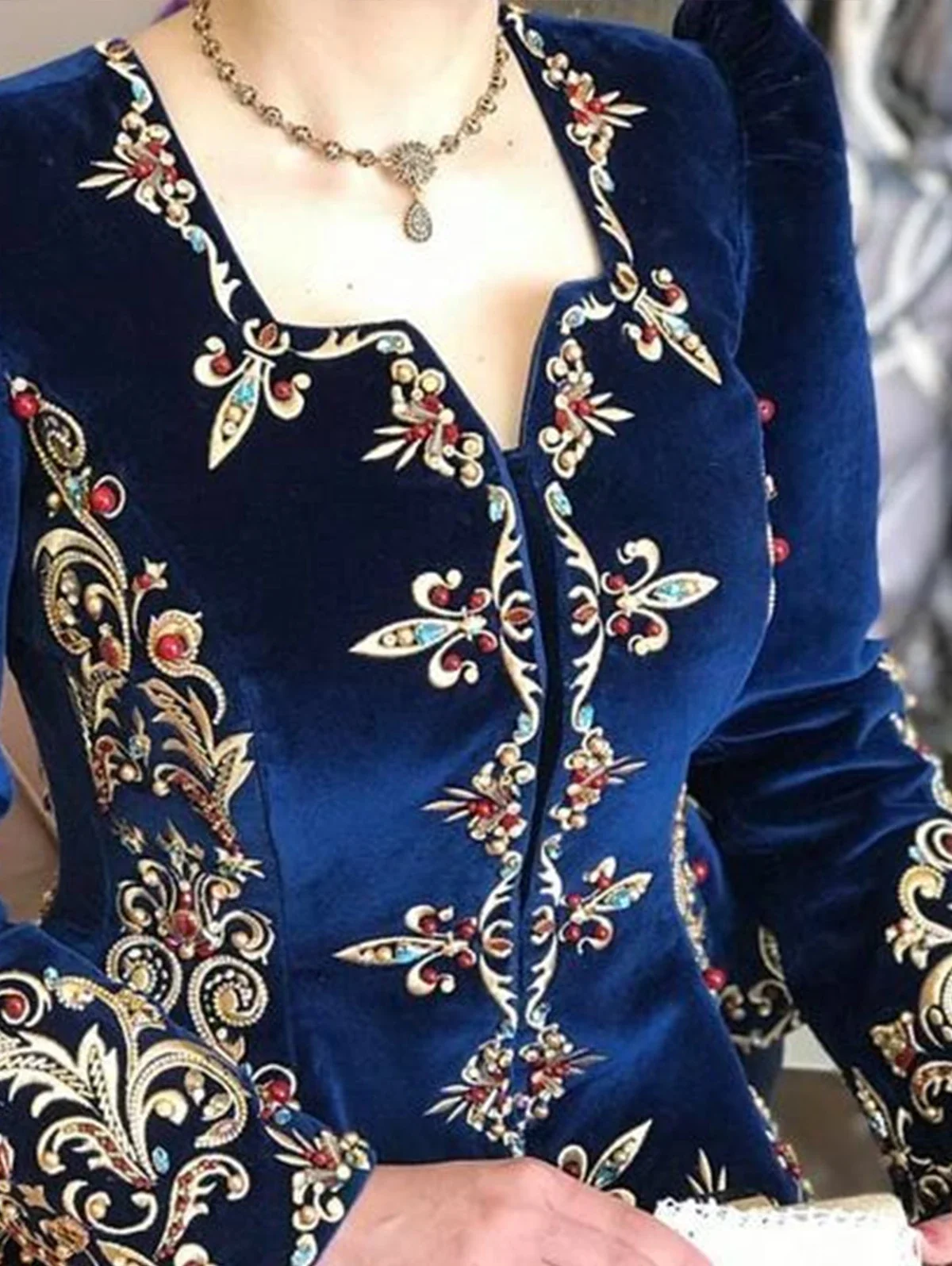 Elegant Chic Women Tops Floral Embroidered Deep V Neck Slim Waist Peplum Long Sleeve Design Asymmetric Vintage Velvet Blouse