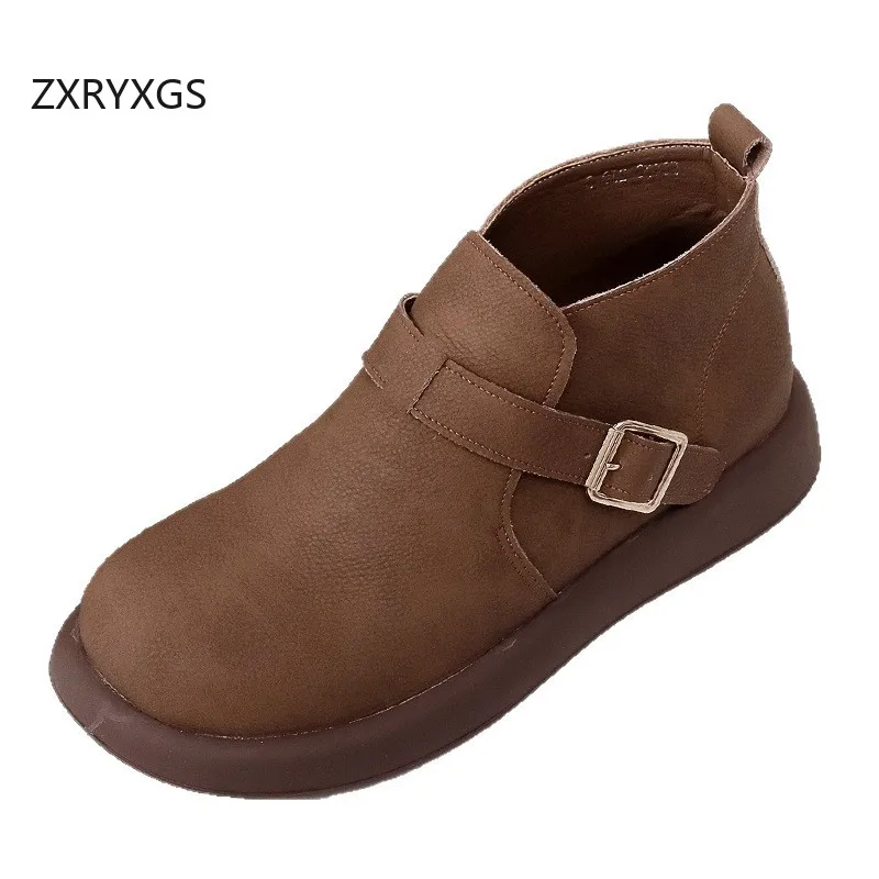 

ZXRYXGS/Новые модные одинарные ботинки из натуральной кожи на плоской подошве, большой размер 2021, зимние ботильоны в стиле ретро, теплые удобные ботинки на плоской подошве