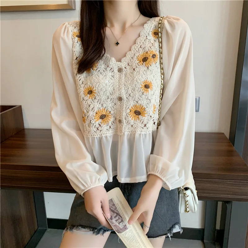 

Женская блузка с длинным рукавом, вязаная крючком, с вышивкой подсолнухов, ажурная, весна-лето 2026, в стиле бохо, для фестивалей, коттеджкор