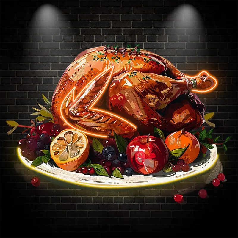 Festive Roast Turkey Neon Light, Vibrant Holiday Feast with Fruits & Herbs, Perfect for Thanksgiving & Seasonal Kitchen Decor