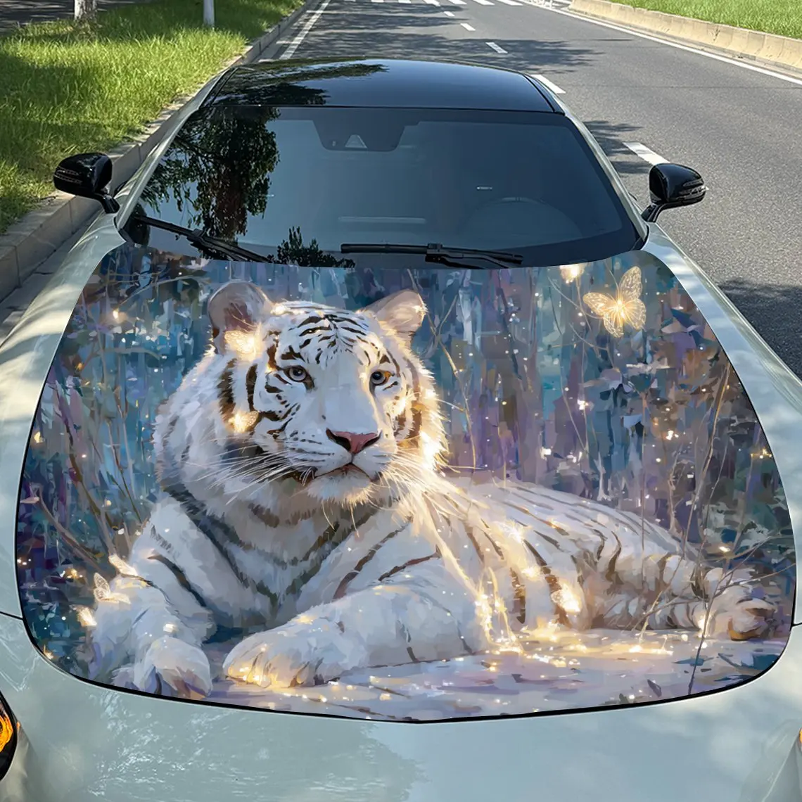 

Автомобильные наклейки Мрійливый дизайн белого тигра с белым тигром Лежащий среди красочного, сверкающего фона, Exuding Nobility and Myster