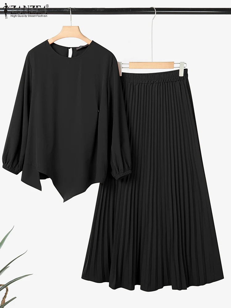

ZANZEA Women Elegant Long Sleeve Blouse Dress Sets 2025 Autumn Matching Sets Casual Solid Work Tracksuit Muslim Suit 2 Piece Set