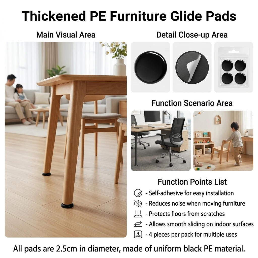 Heavy Duty Furniture Pads Thickened Wear Resistant for Home Office Floor Protectors Silent PE Sliding Chair Feet 4 Pack