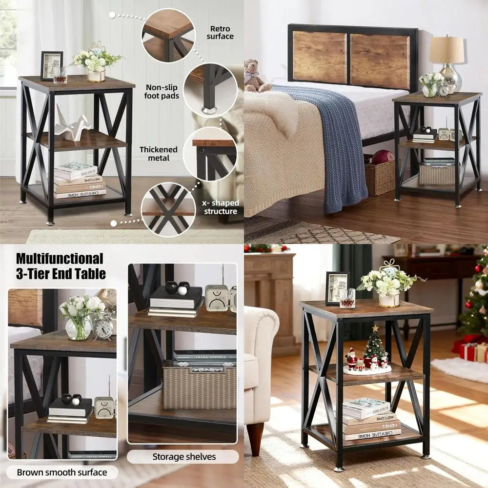 

Rustic 3-Tier Storage End Table, 16x16x24, Farmhouse Style, Brown Finish