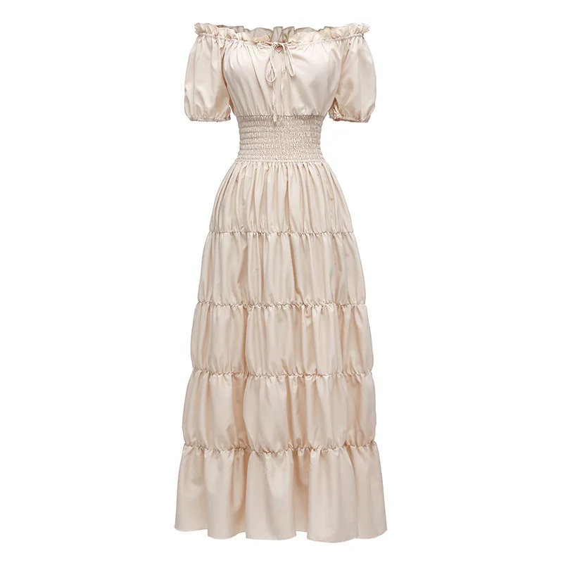 Elegant Medieval Renaissance Dress Boho Short Sleeves Off Shoulder Smocked Waist Retro Pleated Long Dress Costume Gown