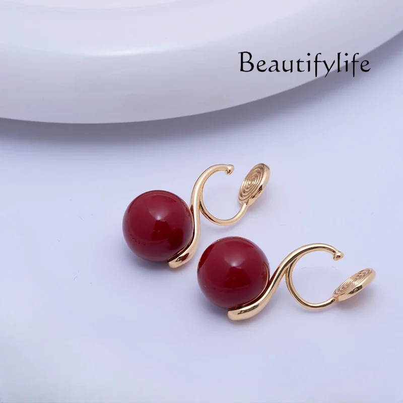 

Red earless female French niche temperament high-end earrings versatile simple retro earrings