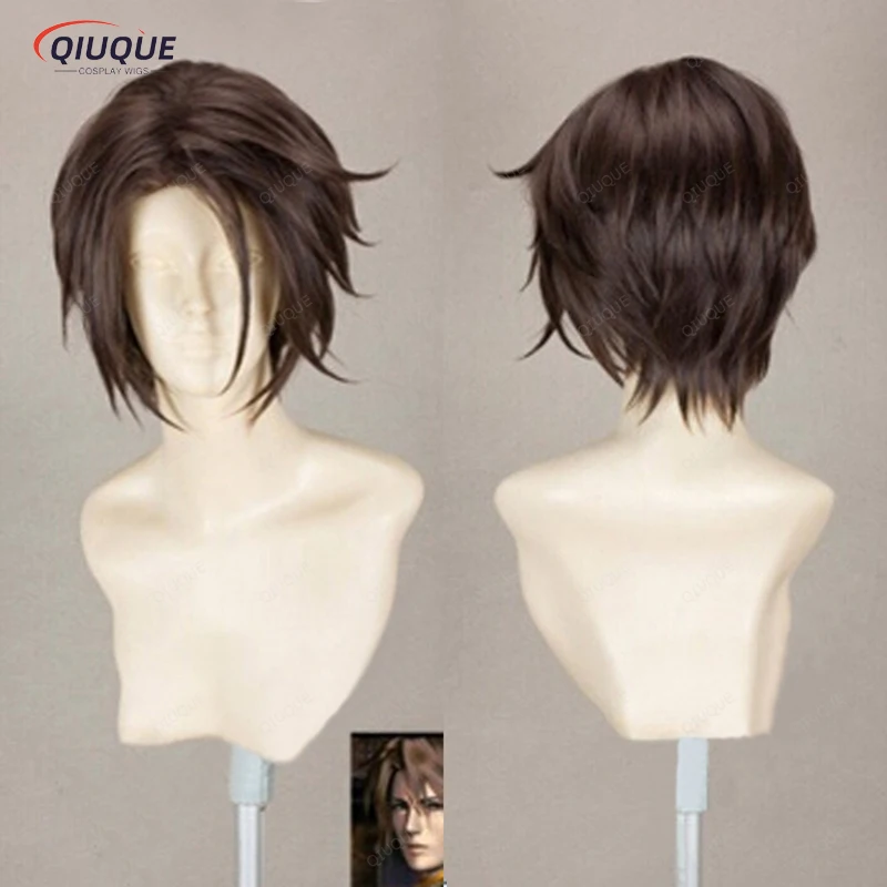 Final Fantasy FF8 Squall Leonhart สั้นสีน้ำตาลทนความร้อนผมคอสเพลย์วิกผม + หมวกวิกผมฟรี