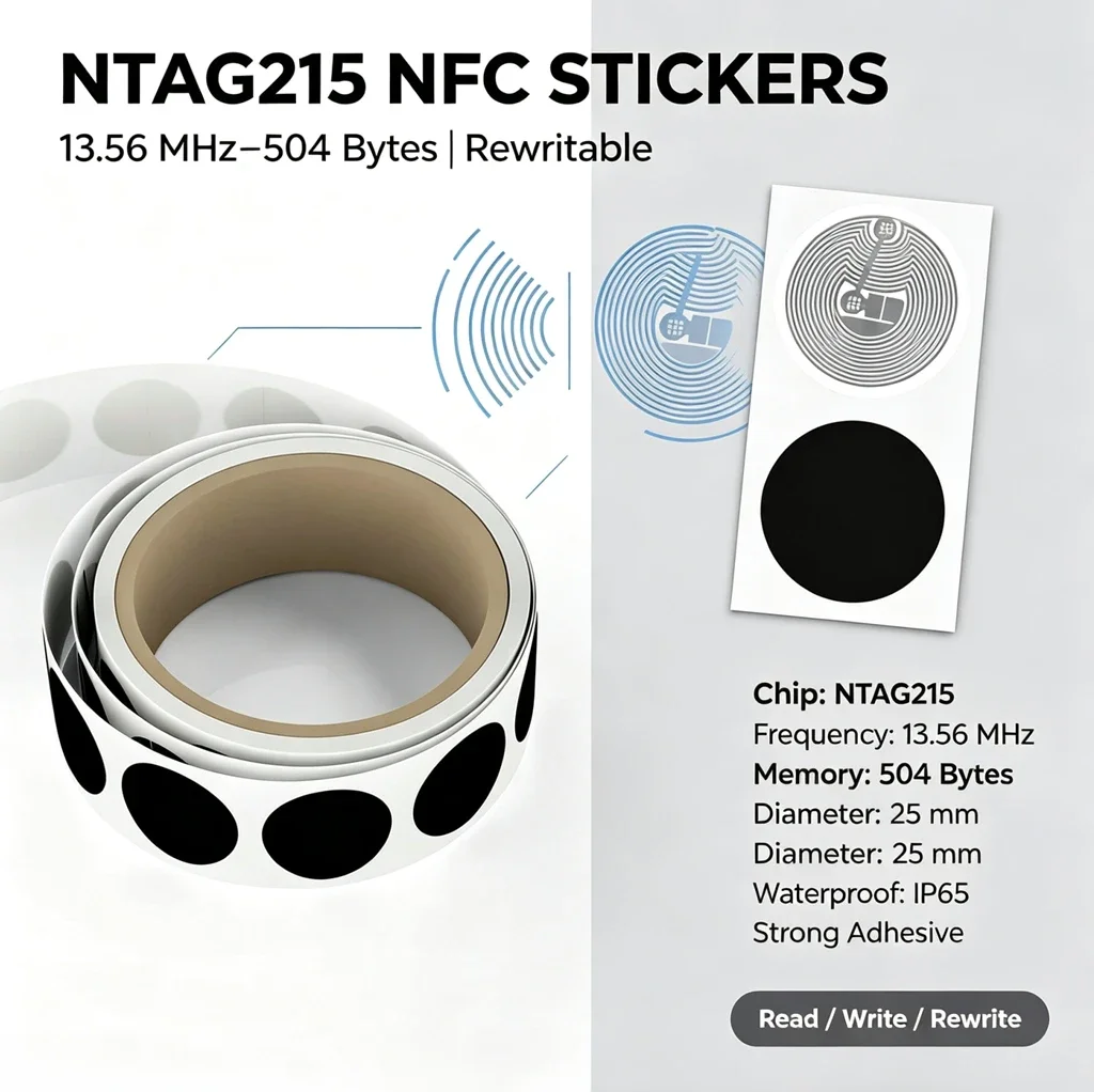 13.56MHz NTAG215 Round NFC Stickers Self‑Adhesive Rewritable Blank NFC Tags Labels for Smart Phone NFC Automation DIY
