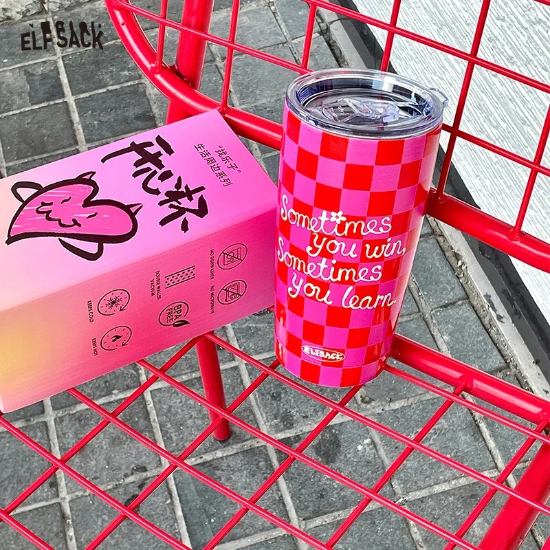 ELFSACK Whimsy Insulated Tumbler with Checkerboard Letter Graphic Print, Stylish Stainless Steel Travel Mug for  Outdoor Use