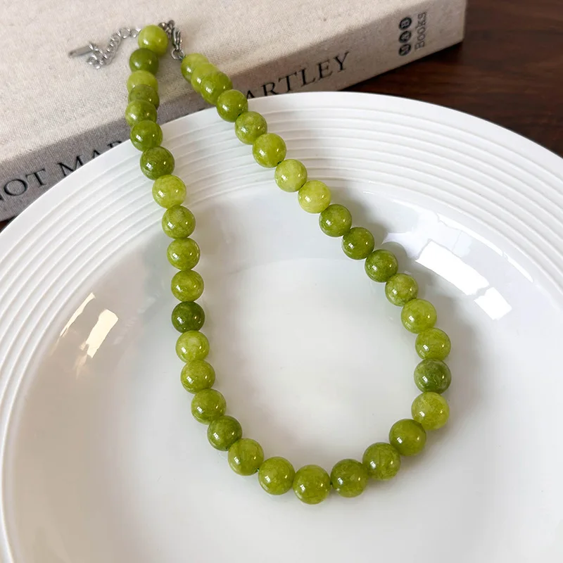 Minar French 6mm 8mm 10mm Green Color Natural Stone Agate Strand Beaded Necklace for Women Silver Plated Chain Choker Pendientes