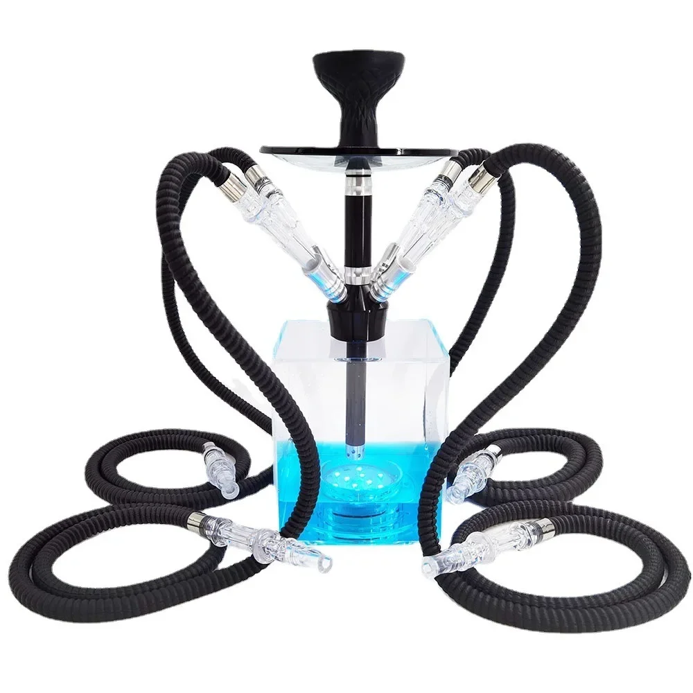 Cube,Acrylic,LED light,16.5in\42cm,Double\Four Hose 2\4,Bar Shisha Full Set Luxury Smoking Pipe Hookah Set