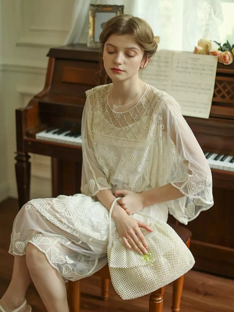 Spring Summer Women French Style Exquisite Lace Loose Handmade Beading Mori Kei Girl Apricot Dresses