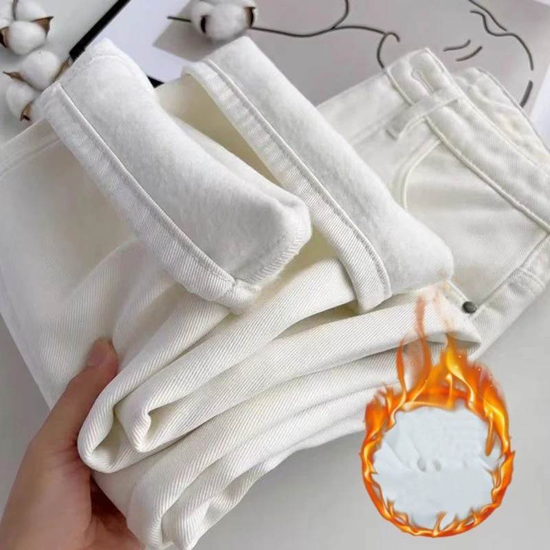 الشتاء الفتيات الصوف الحراري عالية الخصر الجينز الإناث الثلوج الدافئة أفخم الدنيم السراويل سيدة عادية اليومية مستقيم الساق السراويل