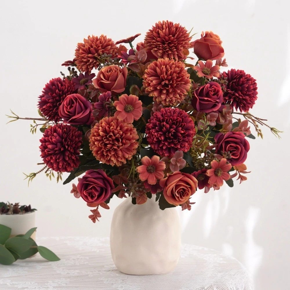 

4PCS Rose Artificial Flowers Wedding Home Room Festival Decoration Wreaths bridal bouquet Dining table vase Photography Props