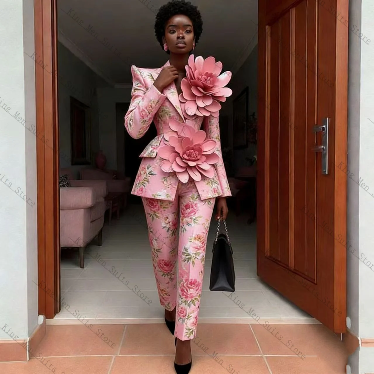 Printed Pink Women Suit Set 2 Pcs Blazer+Pants Trousers Spring 3D Flower Customized Formal Guest Wedding Tuxedos Coat Jacket