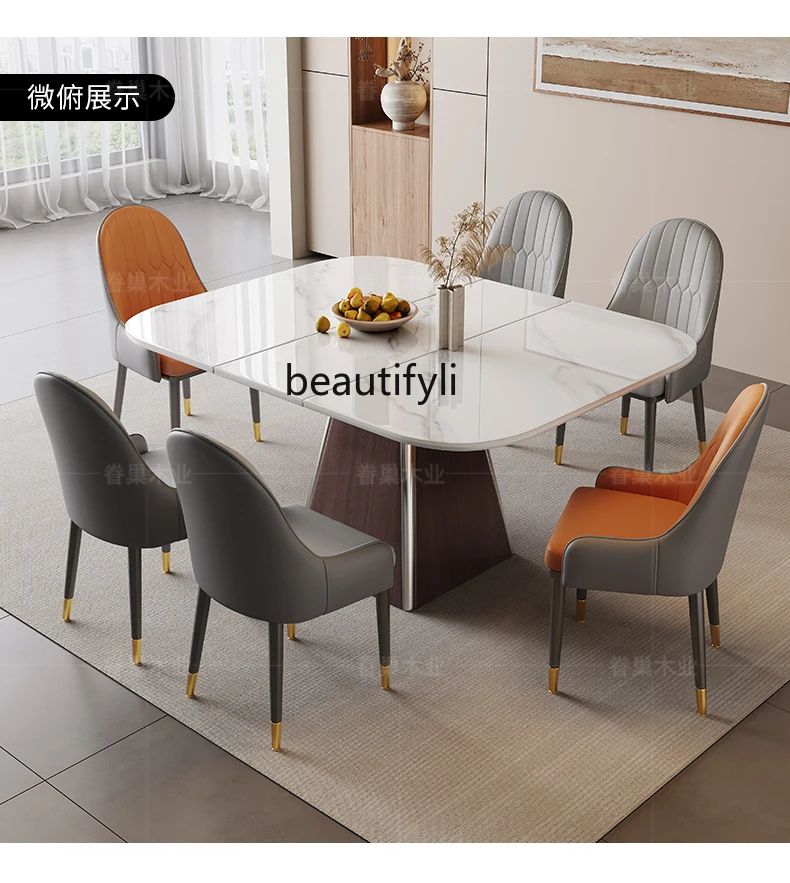 

High-end retractable square rock slab dining table, modern simple small apartment, induction cooker stretch dining table