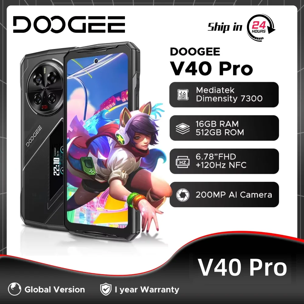 DOOGEE-Smartphone de jeu robuste V40 Pro, version globale, 5G, 16 Go + 512 Go, dimension 7300, écran FHD + IPS 6.78 ", caméra AI 200MP, 8680mAh