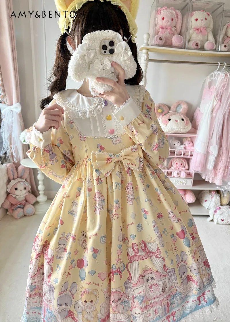 

Japanese Lolita Style Op Long-sleeved Dress Sweet Girl Cartoon Print Lace Splicing Doll Collar Bow Slim A-line Dress Spring New