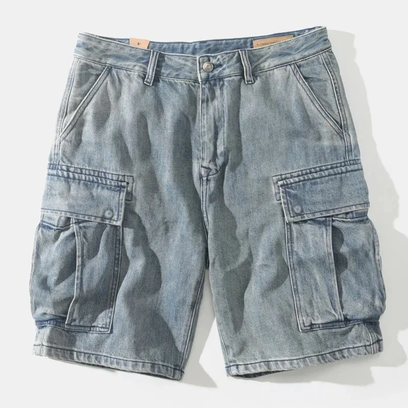 

Тяжелые летние японские повседневные мужские джинсовые шорты с множеством карманов, свободные прямые брюки-карго