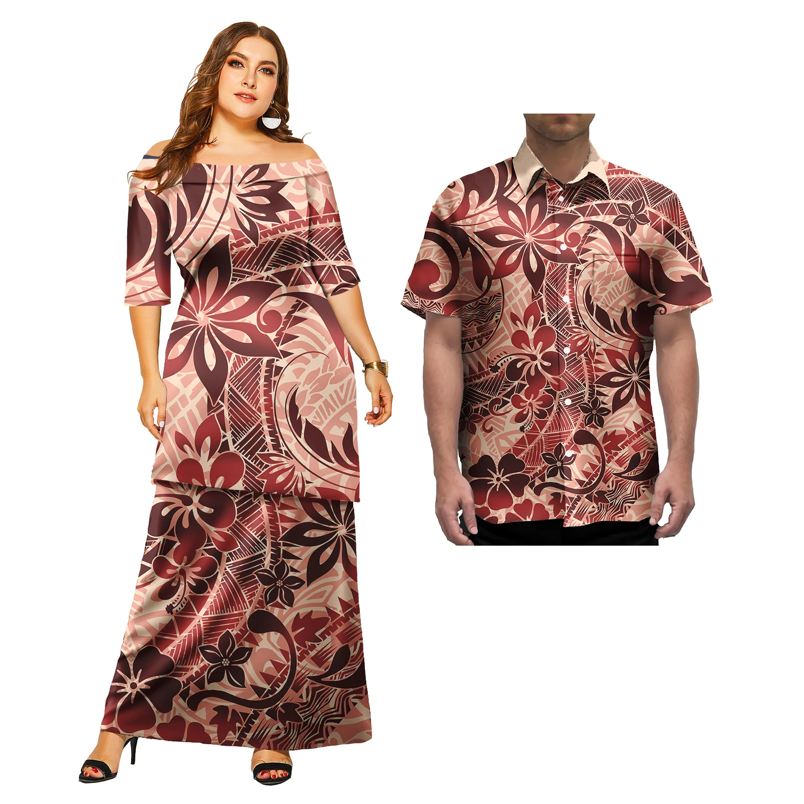 High Quality Wholesalepolynesia tribal dressCouple Clothes Mens Shirts puletasi Woman  hawaiian dress