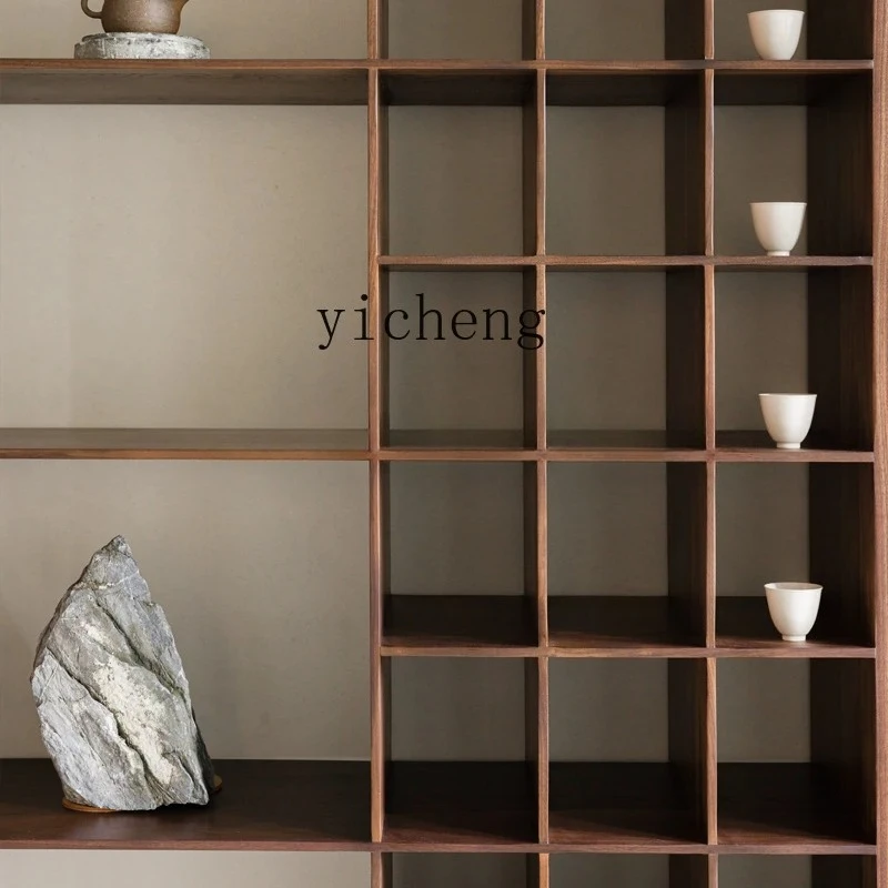 v1 New Chinese Style Tea Room Background Rack Storage Tea Rack Solid Wood Black Walnut Display Cabinet