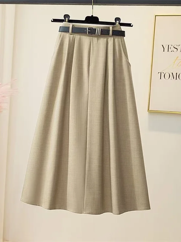กระโปรงทรงเอไลน์สไตล์ญี่ปุ่น คอลเลคชั่นฤดูใบไม้ผลิ/ฤดูร้อน กระโปรงพลีทเอวสูงสำหรับผู้หญิง ผลิตจากเส้นใยโพลีเอสเตอร์ ช่วยปกปิดสะโพกและกระชับสัดส่วน