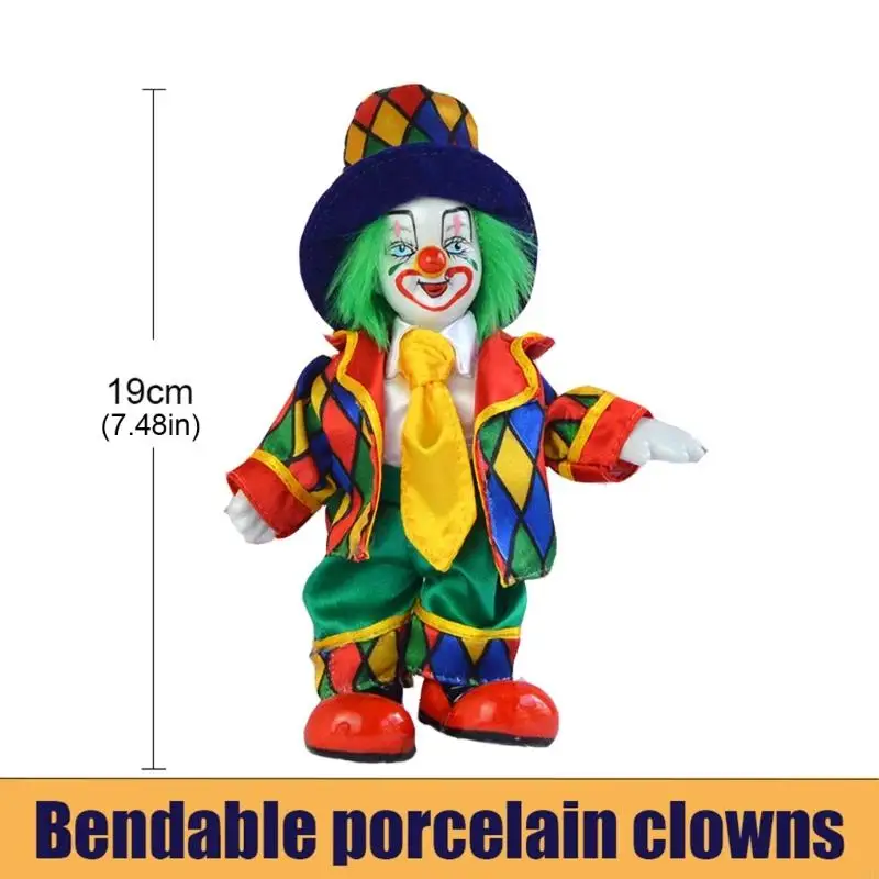 J2hd porcelana palhaço boneca com traje colorido acessórios exibição casa circo palhaço estatueta