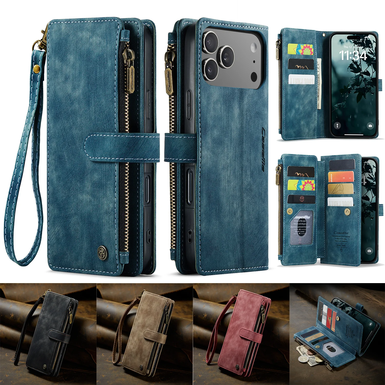 Premium Business Ledertasche für iPhone 17, 16, 15, 14, 13, 12, 11 Pro Max Plus 17Air 16E 13 Mini SE3 Reißverschluss Wallet Card Flip Cover