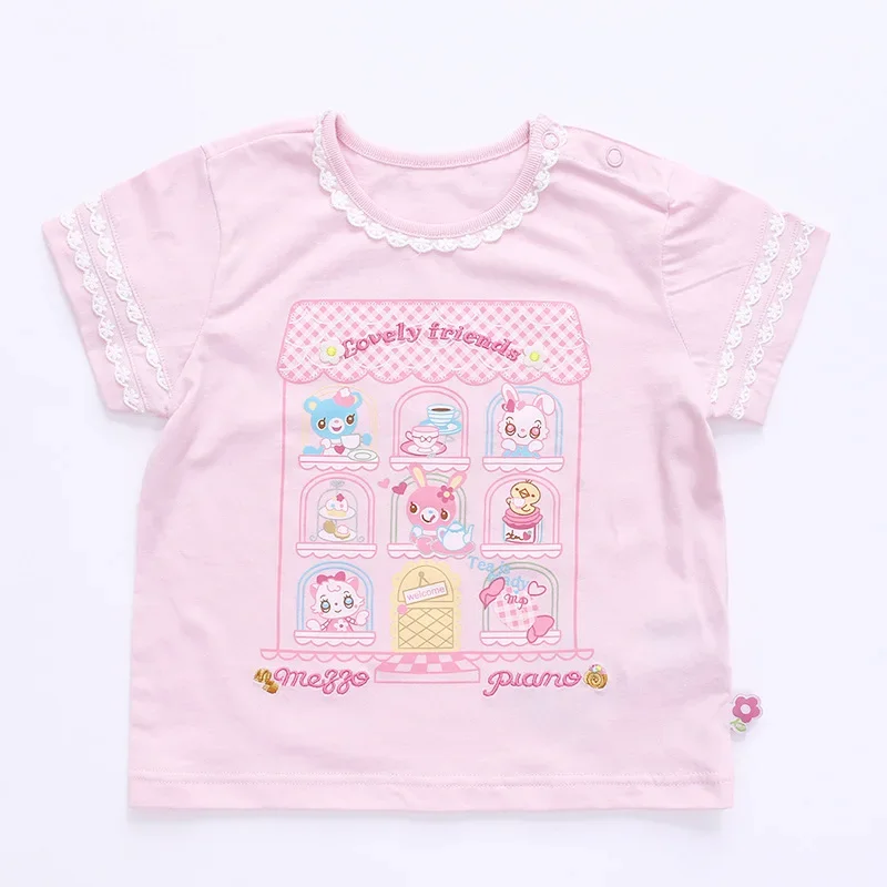 Children's Suit 2022 Girls Princess Chiffon Cartoon Teacup Rabbit Culottes Five-Point Pants Embroidered Lace Collar T-Shirt