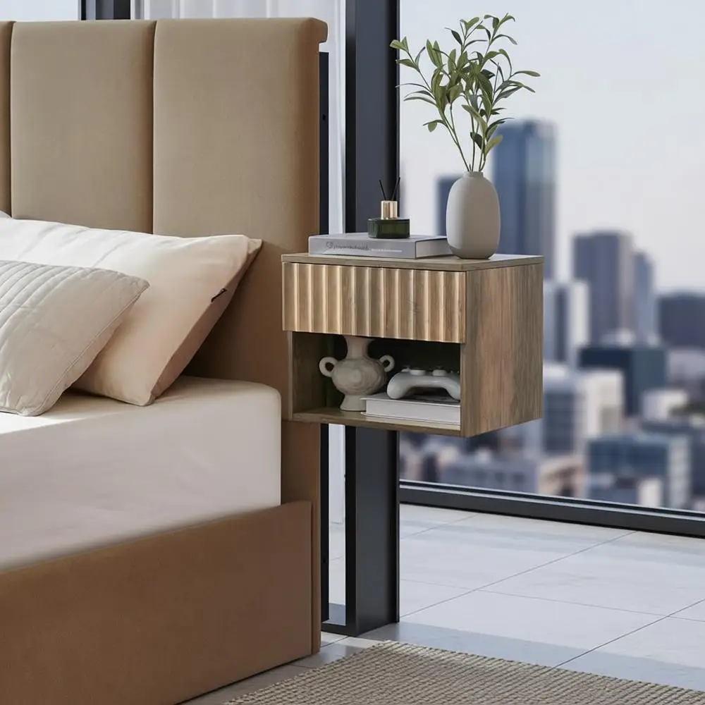 

Плавающая тумбочка с рифленым ящиком — современная настенная прикроватная тумбочка с открытой полкой для хранения, небольшая прикроватная тумбочка для телевизора f