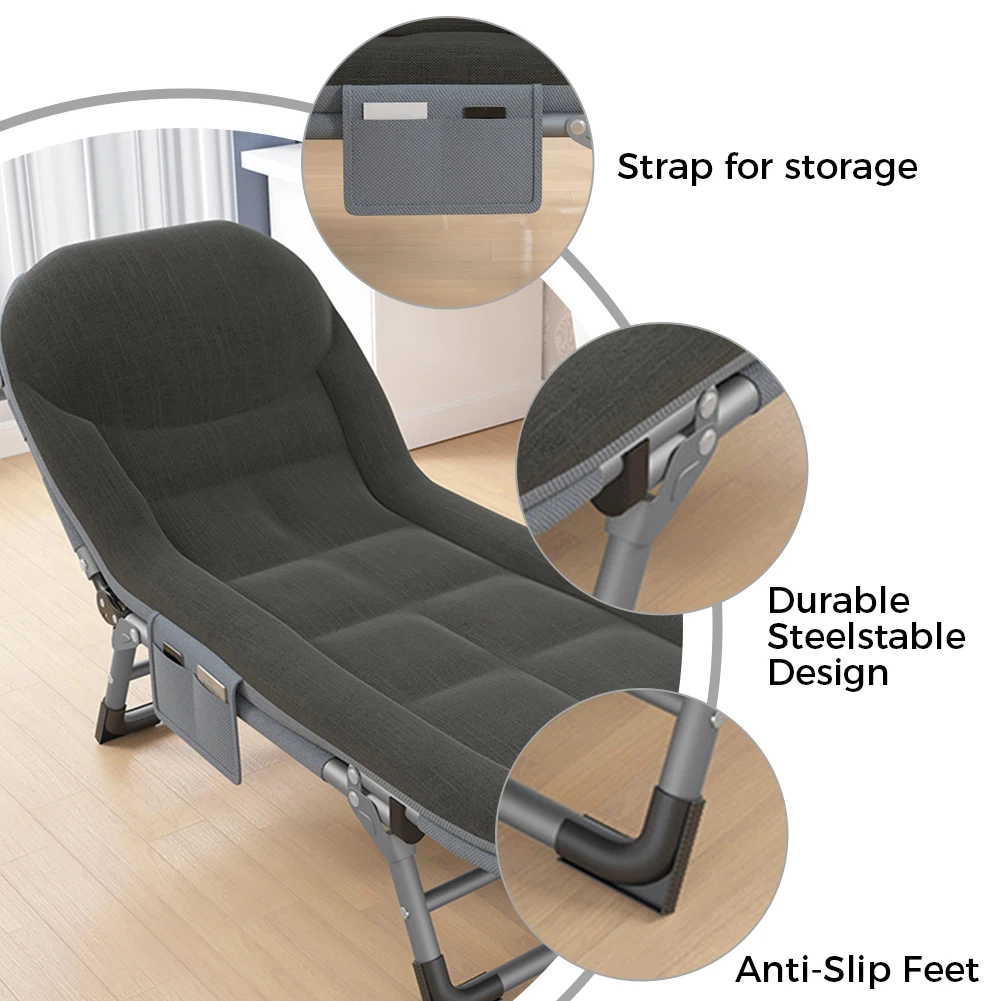 Pesca ao ar livre Dormir Cot com bolso lateral, Camping Anglers Chair, portátil reclinável Bedchair, 5 níveis ajustáveis