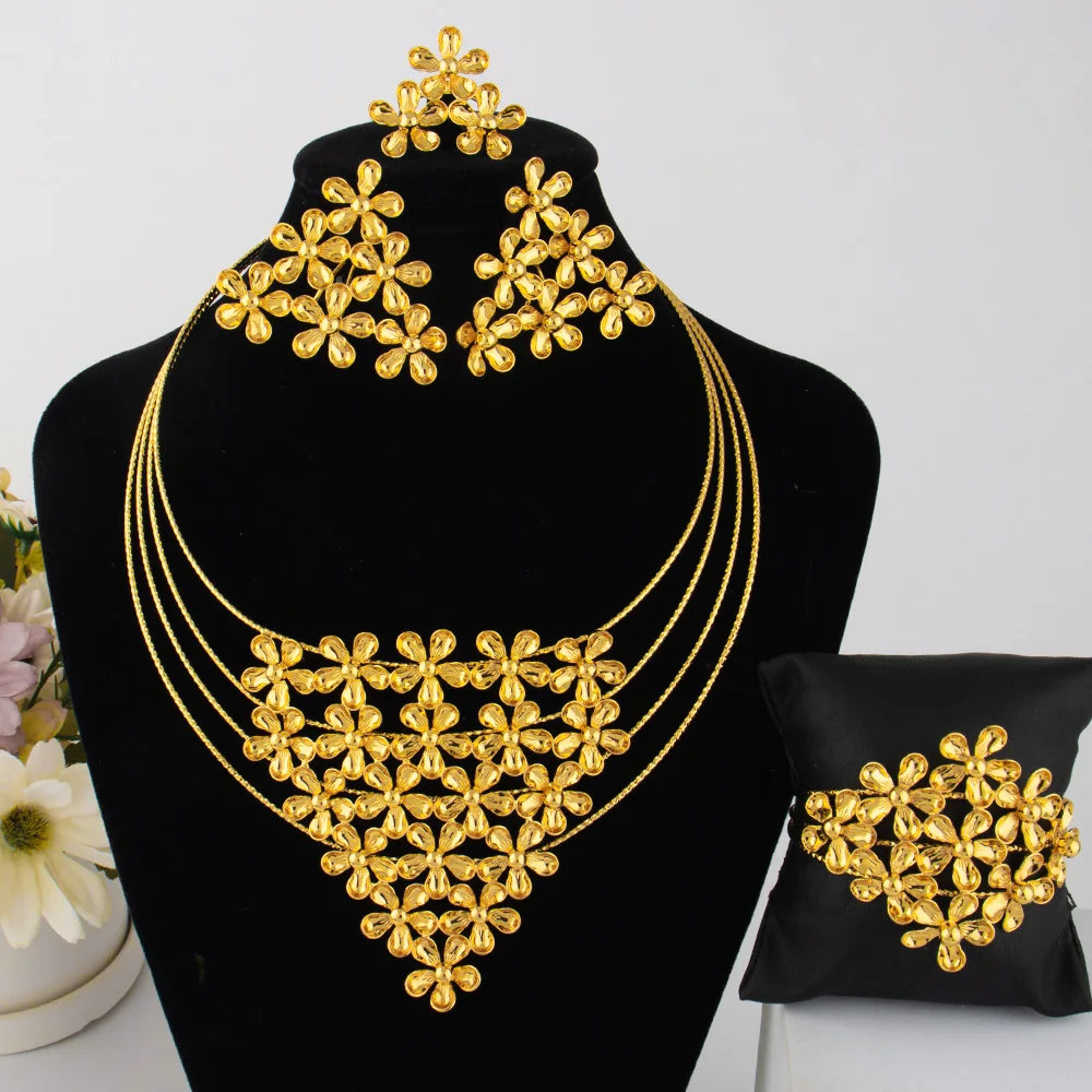 

Ethiopia Elegant Jewelry Set Brazilian Flower Shape Necklace Earrings Luxury Bangle And Ring For Dubai Party Mother's Day Gift