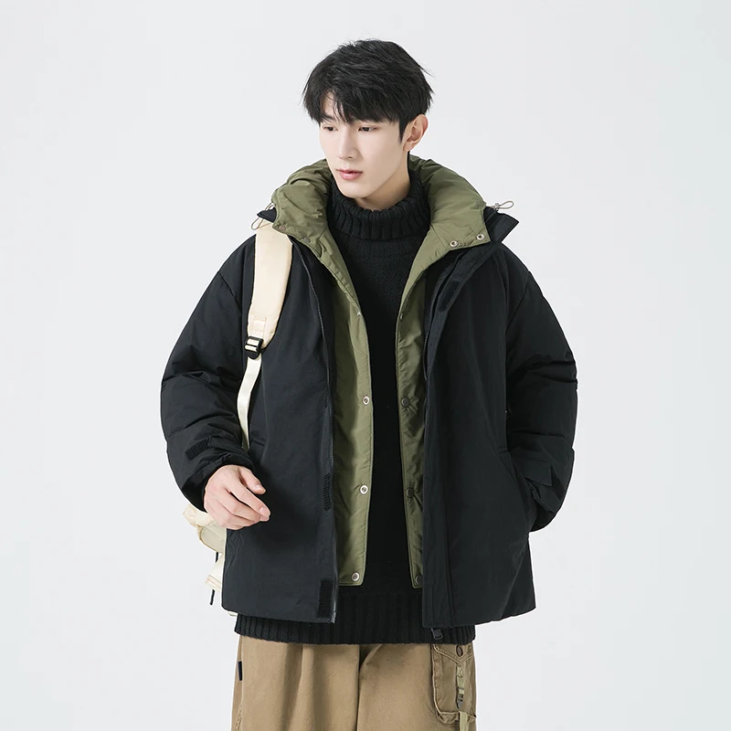 رجل الشتاء سترة منتفخة وهمية قطعتين مقنعين بطة بيضاء أسفل مكافحة البرد زوجين الزي عادية فضفاضة تناسب المألوف شارع العليا