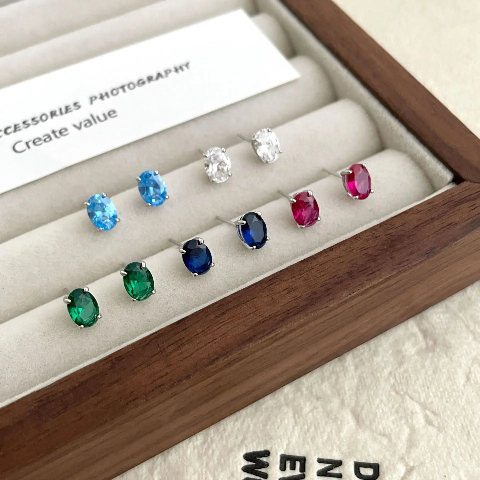 Genuine 925 Sterling Silver Oval Zircon Stud Earrings, Dainty Colorful Gemstone Earrings, Elegant Minimalist Jewelry for Daily