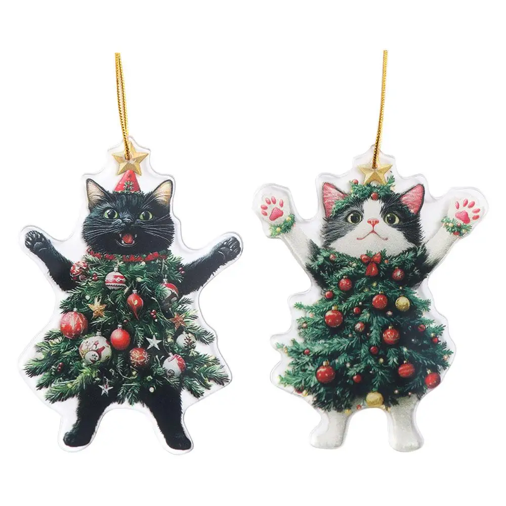 

2D Christmas Cat Pendant Cartoon Acrylic Cat Hanging Ornaments Decorative Xmas Black Cat Pendant Cat Car Pendant New Year Gifts