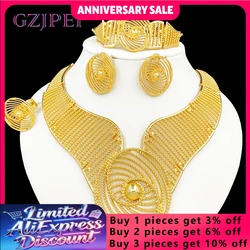 Africal Gold Color Big Jewelry Set Hollow Out Design Necklace Bracelet Earring Ring For Women Bridal Wedding Jewellery Gift