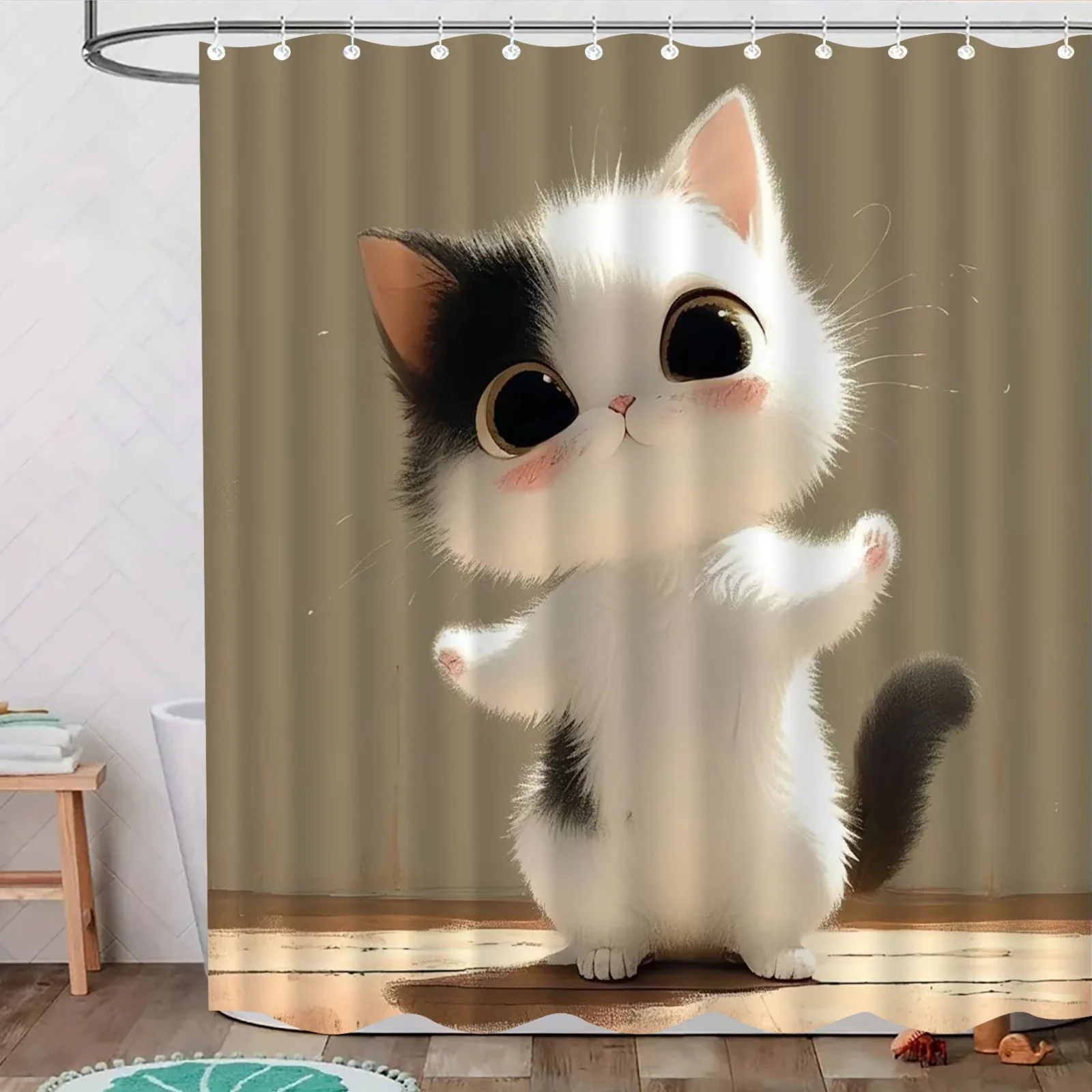 

Cute Kitten Shower Curtain Black and White Cat Cartoon Art Kids Room Decor Waterproof Fabric Bath Curtain Set Home Style