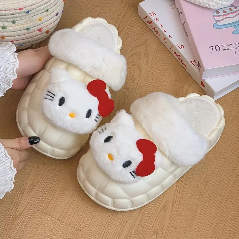 Sanrio Hello Kitty Pink Cute Warm Non-slip Bag Heel Cotton Slippers Autumn and Winter Platform Plush Indoor Home Flat Heel Shoes