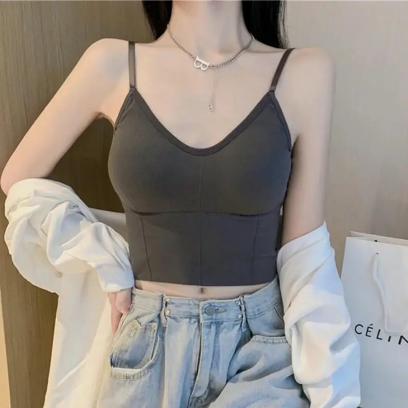 Womens Tank Top Sexy Sleeveless Crop Top Off Shoulder Camisole With Bra Chest Solid Color Camis Top Back Strap Cross Beauty Back