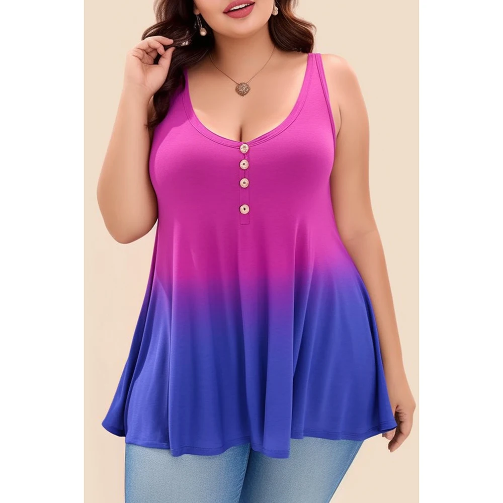 Talla grande Todos los días Casual Rosa Púrpura Color degradado Túnica Botones Decoración Camiseta sin mangas con cuello redondo