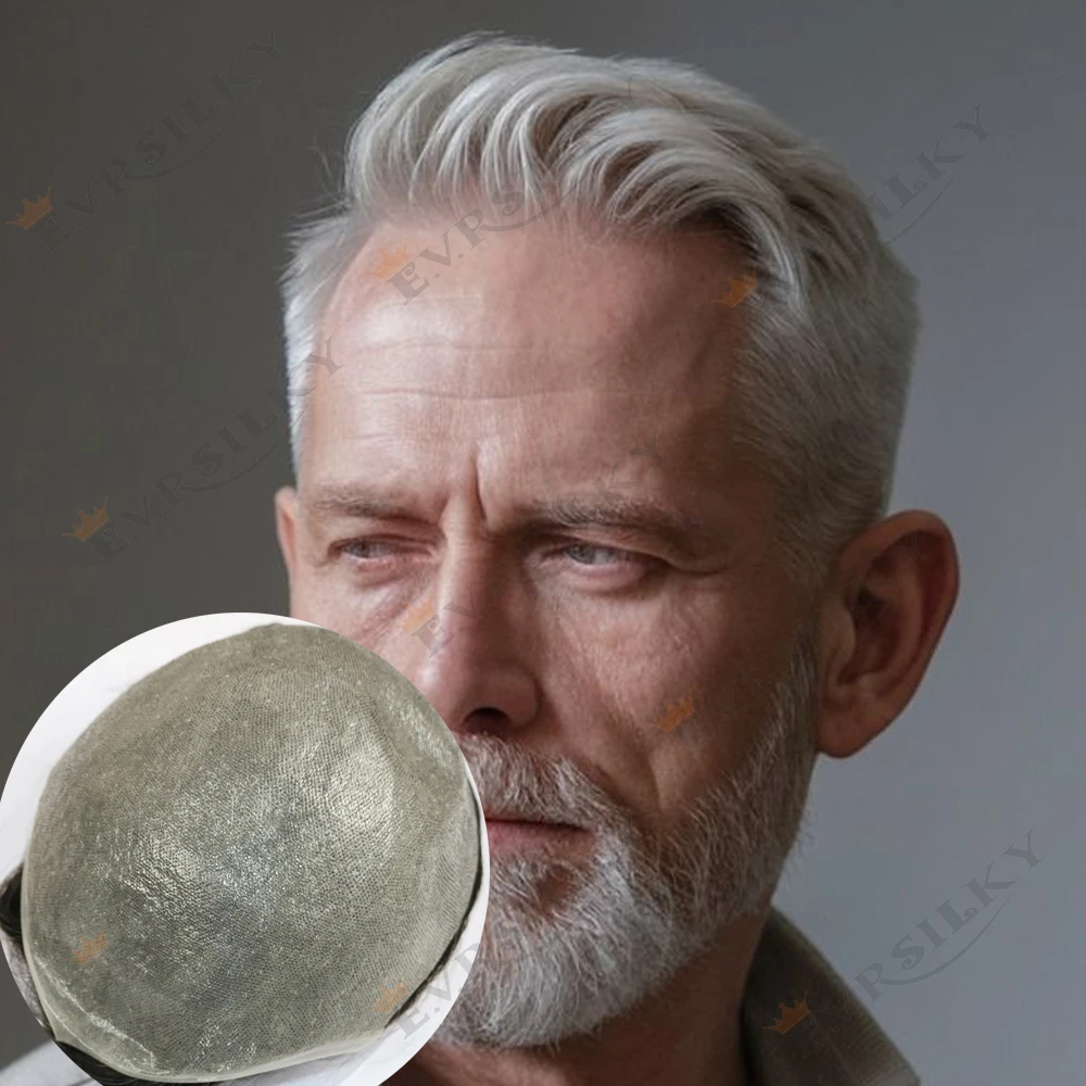 

100%Density Invisible 0.02mm Ultra Thin Skin Base Natural Hairline Toupee 1b80 White Grey Dark Brown Men Human Hair Wig Prothesi