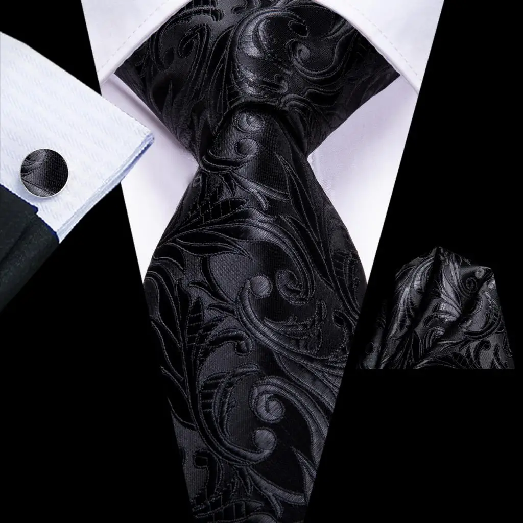 Hi-Tie Black Floral Silk Wedding Tie For Men Handky Cufflink Gift Necktie For Men Fashion Design Business Party Dropshiping