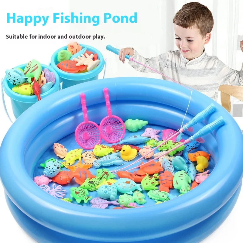 41Pcs Children's Fishing Game Model Children's Magnetic Fishing Toy Set Inflatable Swimming Pool Street Stall Gift Summer Toys
