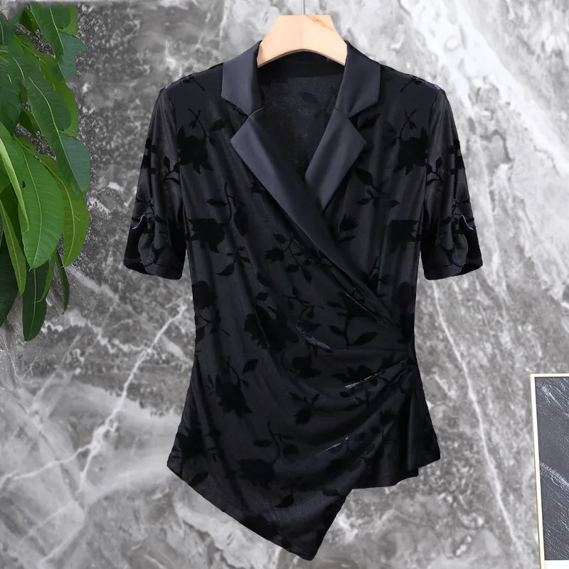 Fashion Women\' Suit Collar Embossed Floral Black Velour Top Asymmetrical Slim Female Spring Summer Knitted Short Sleeve Blouses