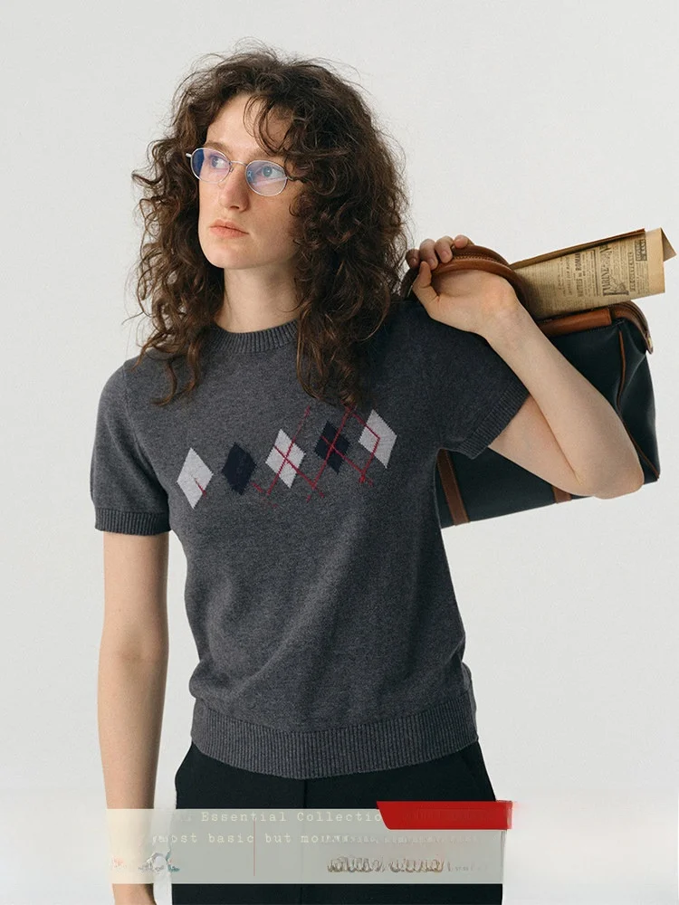 

Vintage Preppy Sle ort Sve round Ne Knitwear Cotton Blend Geometric Pattern Women's Early Autumn Faion Top